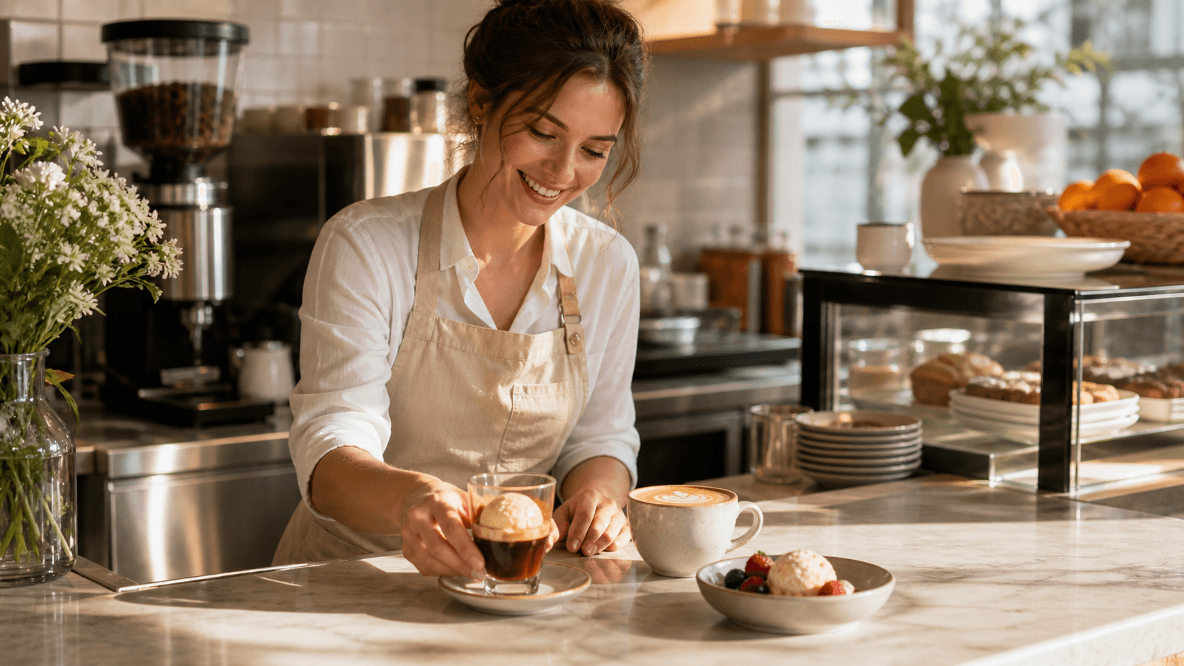 A creamy dessert and latte sit on a café table under warm, soft lighting.