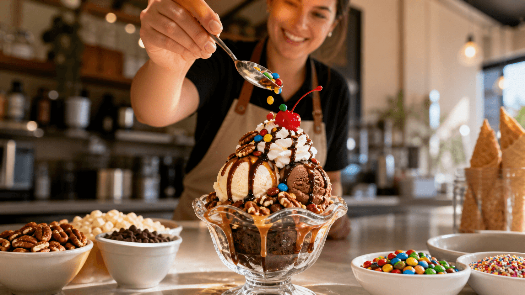 Chocolate brownie sundae with vanilla ice cream, caramel drizzle, sprinkles, and cherries on a warm-toned table.