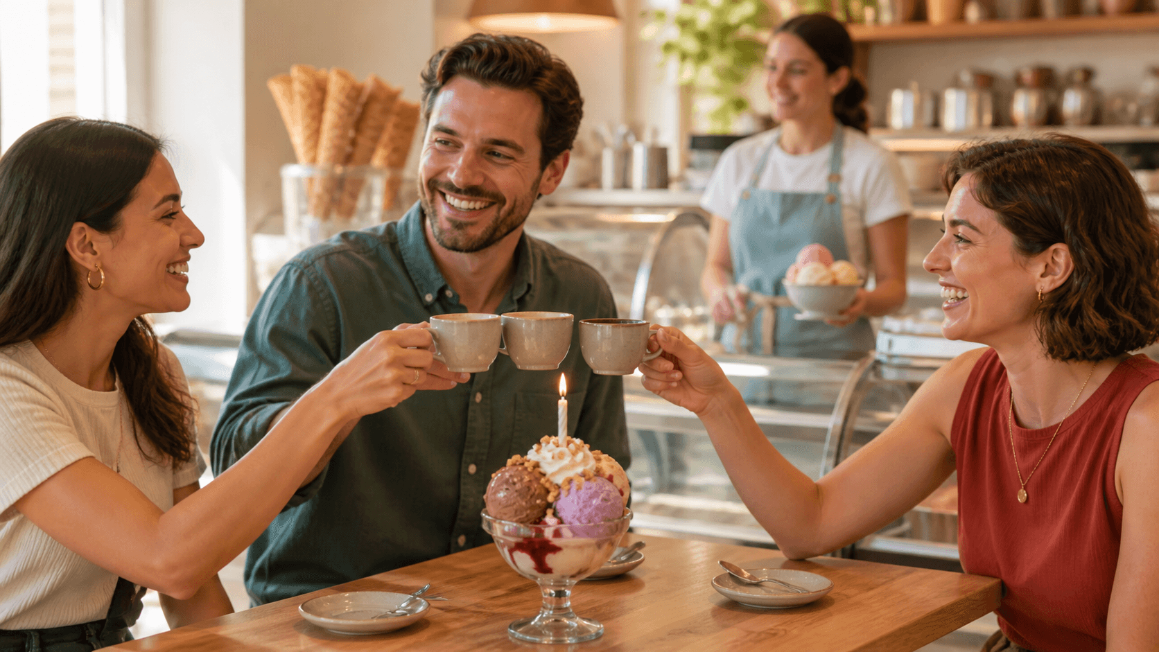 Smiling friends raise ice cream cones beneath warm pendant lights in a cozy café.