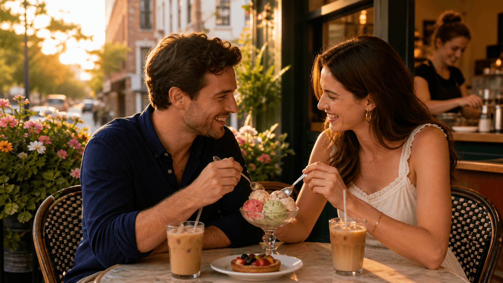 Couple sharing coffee and cake at a candlelit café table with warm summer evening light.