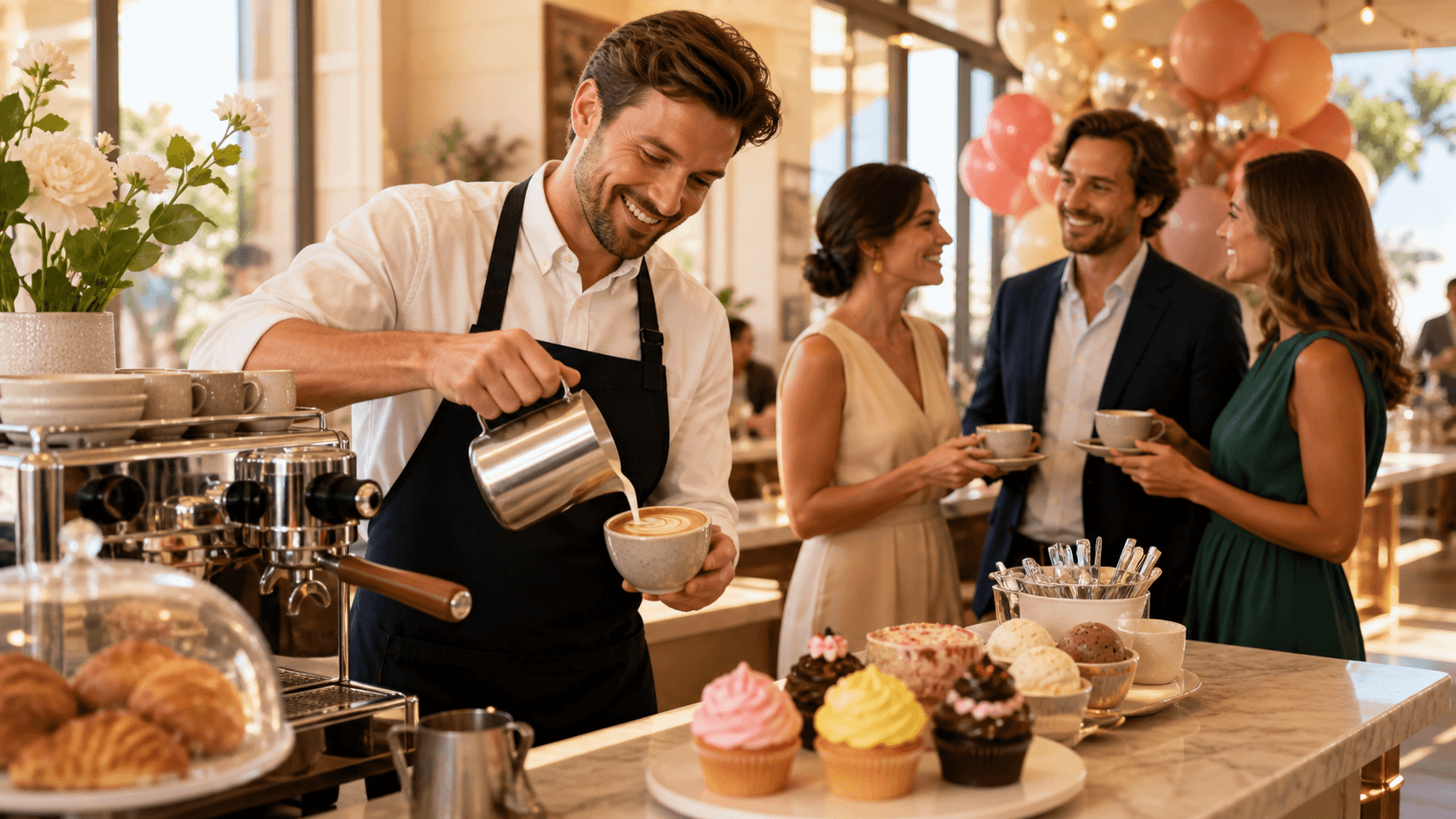 Elegant coffee bar with pastries, mugs, and menu sign under warm string lights in a party venue.