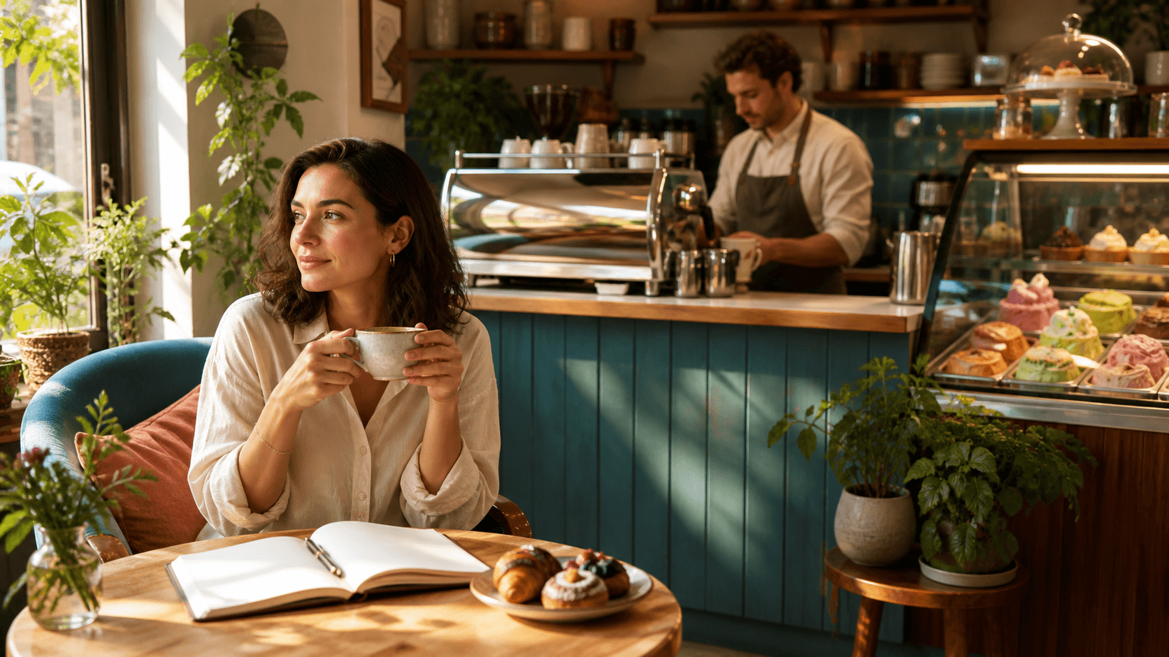 Sunlit café table with steaming tea, a latte, pastries, and leafy plants beside a window.