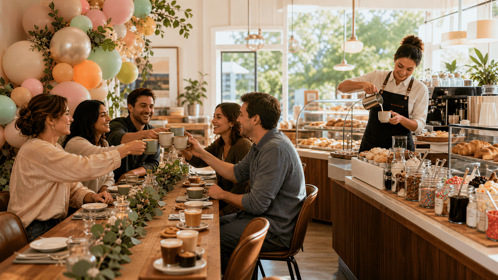 Cozy coffee shop interior with pastel balloons, birthday cake on a table, and warm string lights overhead.