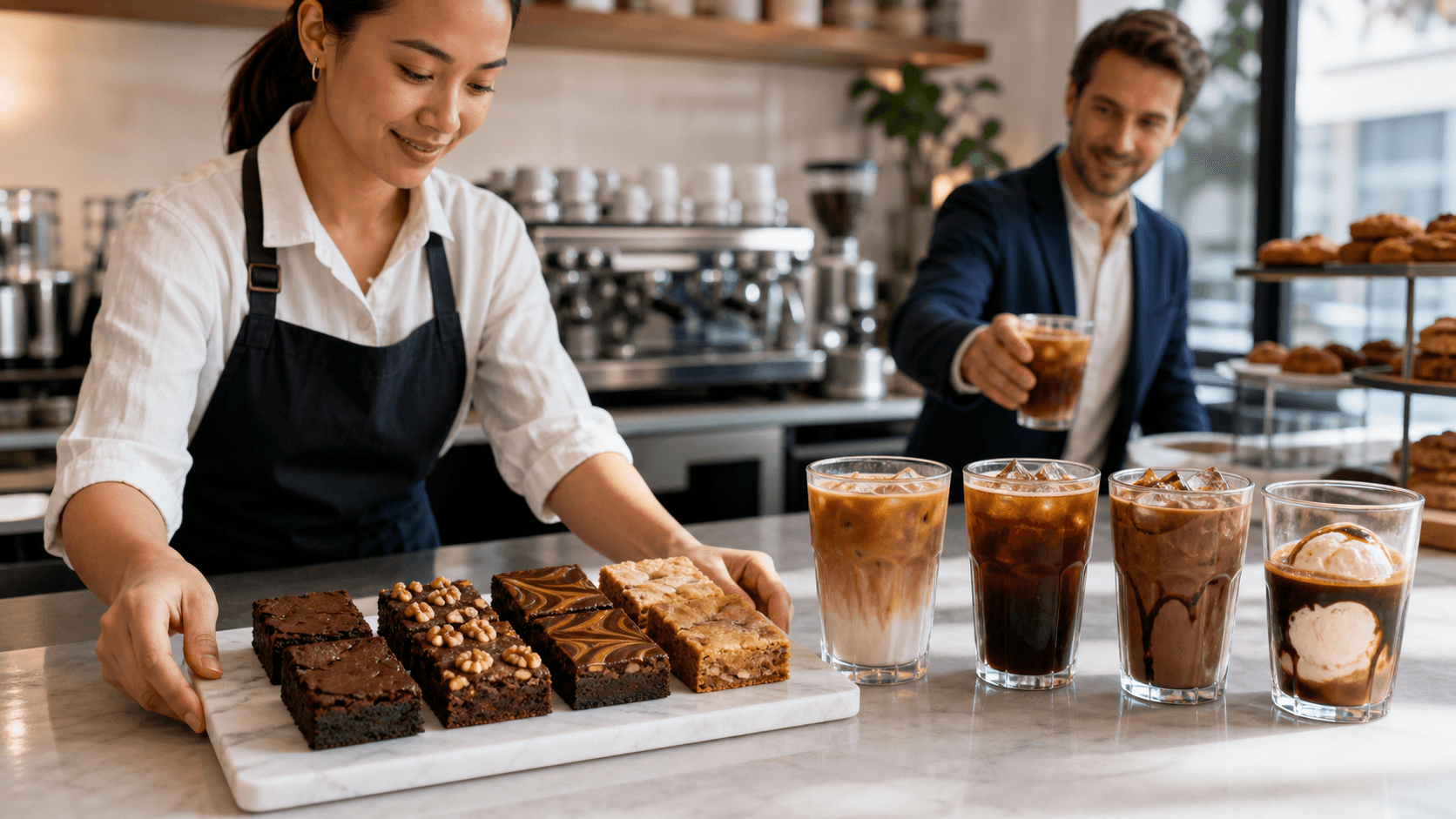 Assorted brownie squares on a rustic wooden board beside iced coffee in a glass, with soft natural light.