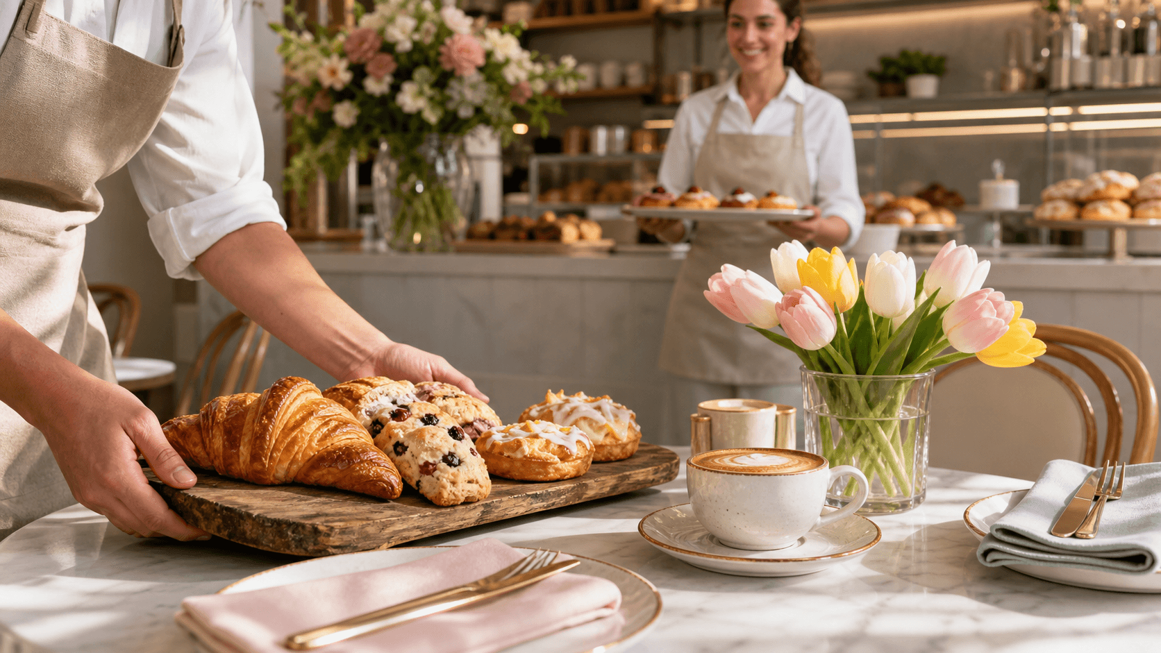 Sunlit brunch table with croissants, muffins, and berry pastries on pastel plates beside a vase of spring flowers.