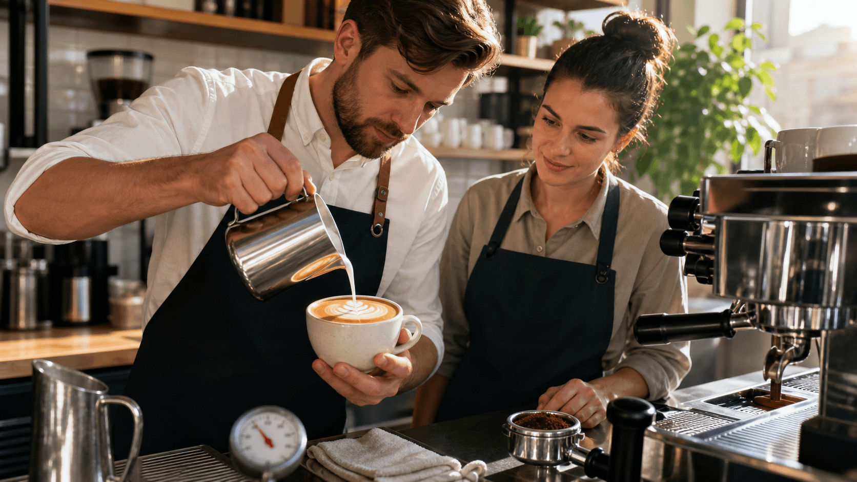 Barista pours white milk into a brown latte, forming a rosette pattern in a ceramic cup under warm café light.