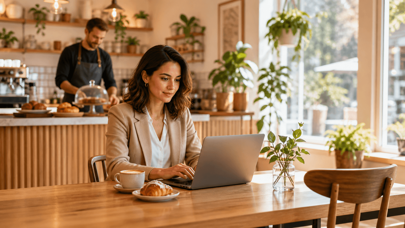 Parent works on a laptop beside pastries and coffee in a bright, cozy bakery café.