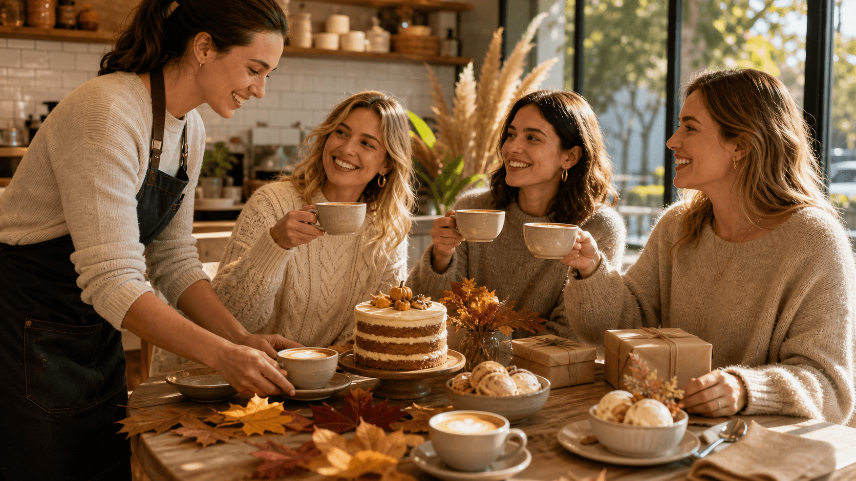 Cozy café table with coffee, cake slices, autumn leaves, and warm golden lighting.