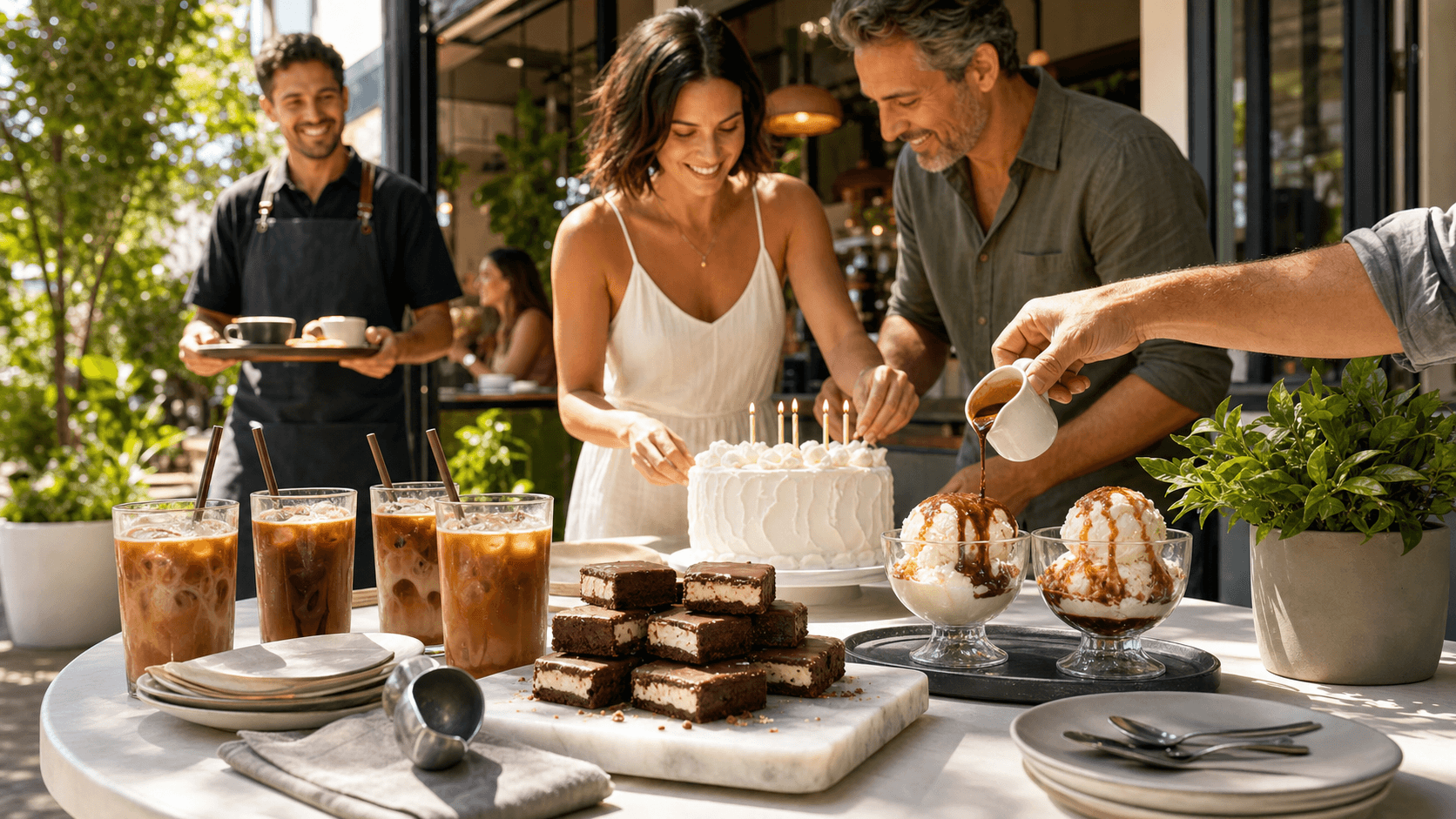 Iced coffee and affogatos beside brownie ice cream bars on a sunlit table with summer party decor.
