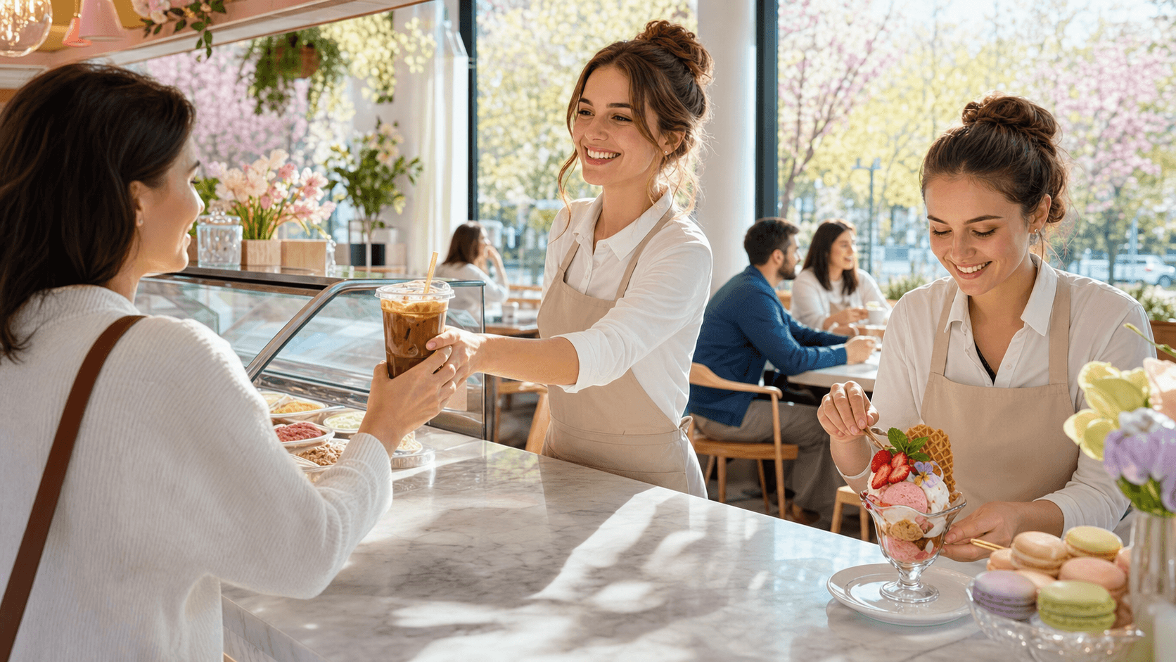 Pastel ice cream cone on a small table with spring flowers and soft sunlight, with a blurred dessert shop background.