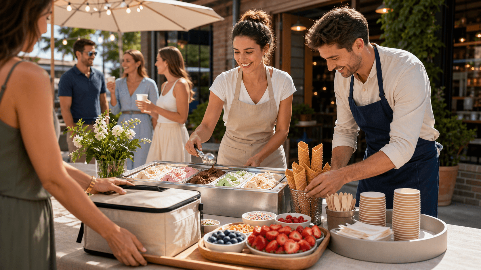 Sunny outdoor table with pastel bowls, ice cream scoops, colorful toppings, waffle cones, and string lights