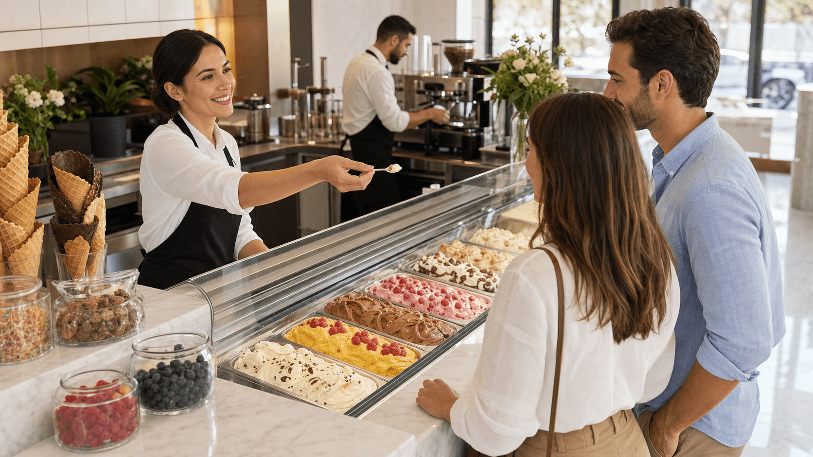 Pastel ice cream scoops in a waffle cone on a marble counter, with soft daylight and blurred shop background.